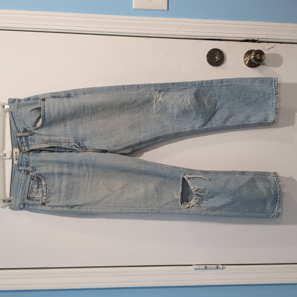 Agolde Riley High Rise Blue Straight Cropped Jeans with Distressed Knee Size 26 - Picture 2 of 7